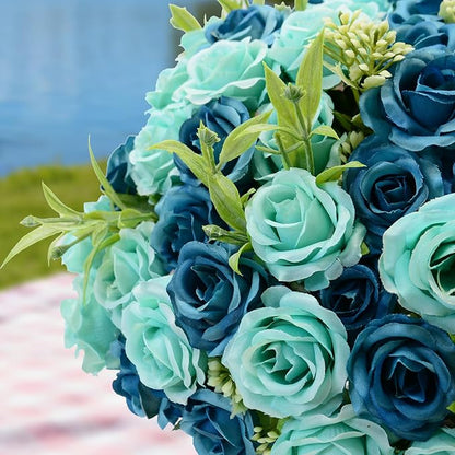 8 Pack Rose Artificial Flowers Bouquet, 10 Small Silk Rose Heads Per Pack, Fake Roses Bunches for Wedding Table Centerpieces Bridal Bouquet Mother's Day Valentine's Day Home Decor, Blue
