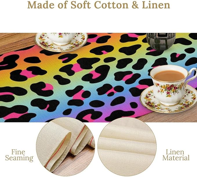 Rainbow Leopard Skin Print Table Runner, Wildlife Colorful Neon Cheetah Dots Dinner Runner Table Decoration for Farmhouse Home Kitchen Dining Table Party Holiday Decor 13x60in