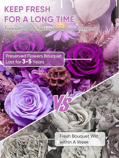 Flowers for Delivery Preserved Flower Fresh Bouquet Forever Flowers Birthday Gifts for Women Mom Anniversary Purple Real Rose Gifts for Grandma Sister Wife Her from Daughter Home Wedding Decor