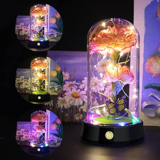QUELIEN Christmas Carnation Flowers Gifts for Mom,Pink Artificial Carnation in Glass Dome with Led Light for Mother's Day,Birthday,Christmas
