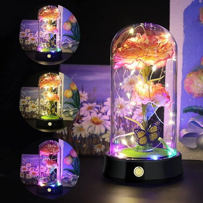 QUELIEN Christmas Carnation Flowers Gifts for Mom,Pink Artificial Carnation in Glass Dome with Led Light for Mother's Day,Birthday,Christmas