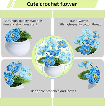 Crochet Flowers Cute Handmade Knitted Potted Gradient Blue Forget Me Not Flower for Women Coworkers Teacher Birthday Anniversary Decor for Home Room Office Desk Accessories
