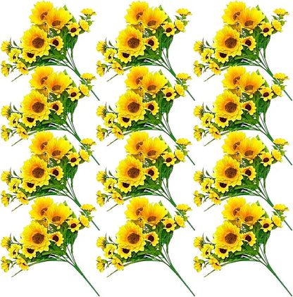 ZEYGLXC 12 Pack Artificial Sunflowers Bouquets with Stems for Wedding Home Kitchen Table Birthday Decor Indoor Outdoor, Faux Sunflowers with 4 Big Sunflowers Heads 9 Small Sunflowers Heads