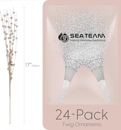 Sea Team 24-Pack Artificial Glitter Berry Stem Ornaments, Decorative Bead Sticks, Glittery Twigs, Picks, Branches for Christmas Tree, Small Vase, Holiday, Wedding, Party (17 Inches, Rose Gold)