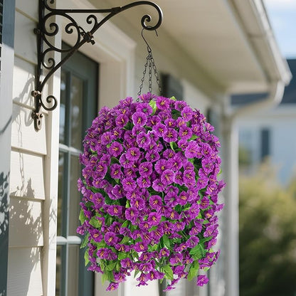 Artificial Faux Hanging Flowers Basket for Spring Summer Outdoor Porch Decor, Fake Silk Colorful Morning Glory Eucalyptus in Planter UV Resistant Look Real for Home Balcony Yard(Darkorchid)