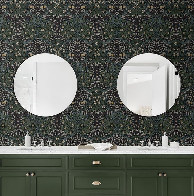 NextWall Seabrook Designs Victorian Garden Floral Vintage Prepasted Wallpaper (Midnight Blue & Evergreen)