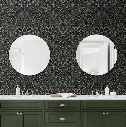 NextWall Seabrook Designs Victorian Garden Floral Vintage Prepasted Wallpaper (Midnight Blue & Evergreen)