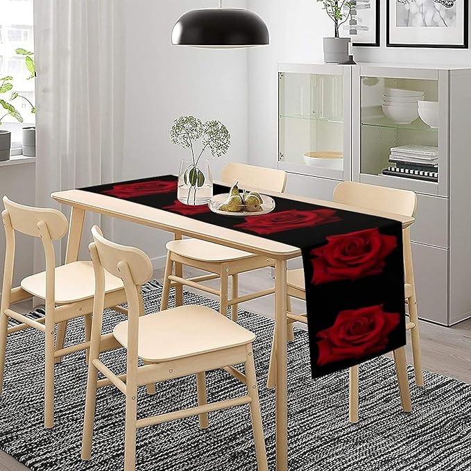 Red Rose Table Runner,Romantic Flower Black Table Runner for Indoor Outdoor Holiday Home Wedding Party 13x60 Inch