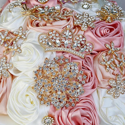 Handmade Satin Rose Floral Bling Pearl Decor Bridal Wedding Bouquet Rhinestone Pendant Artificial Brooch Flowers for Bride Bridesmaid Quinceanera