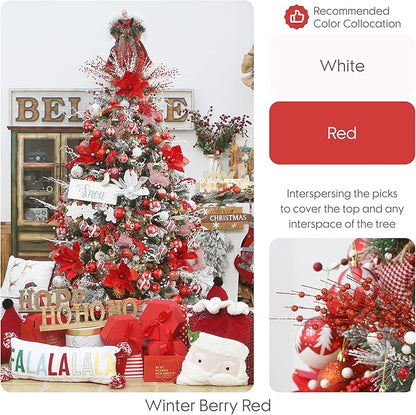 Sea Team 24-Pack Artificial Glitter Berry Stem Ornaments, Decorative Bead Sticks, Glittery Twigs, Picks, Branches for Christmas Tree, Small Vase, Holiday, Wedding, Party (17 Inches, Red)
