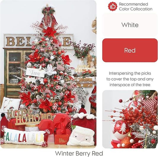 Sea Team 24-Pack Artificial Glitter Berry Stem Ornaments, Decorative Bead Sticks, Glittery Twigs, Picks, Branches for Christmas Tree, Small Vase, Holiday, Wedding, Party (17 Inches, Red)