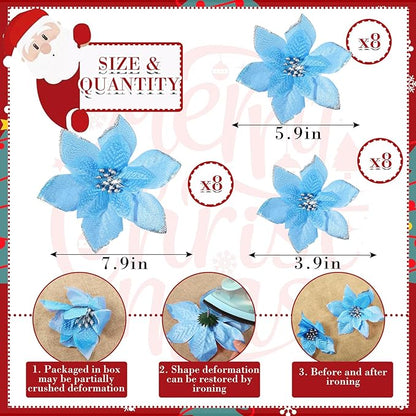 WILLBOND 24 Pcs 3 Size Poinsettia Flower Artificial Christmas Decor Glitter Poinsettia Christmas Ornaments Faux Flowers for Xmas Tree Outdoor(4/6/7.9 Inches,Lake Blue)