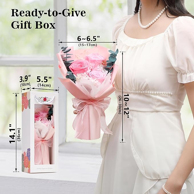 Flower Bouquet Gifts for Her, Flowers for Delivery Prime, Preserved Roses Flower Gifts for Women, Valentines Flowers, Mom Gifts from Daughter Son, Birthday Gifts, Real Roses,Pink Roses