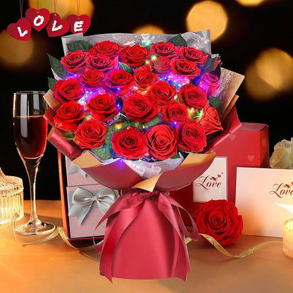 ADDWel 24 Preserved Real Red Rose Bouquet Long-Lasting Flowers for Her and Romantic Gifts for Wife Girlfriend, Two Dozens Forever Fresh Roses for Delivery Prime