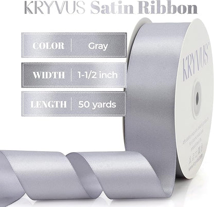 Gray Satin Ribbon, Double Faced 1-1/2 Inch X 50 Yards Gray Ribbon, Premium Satin Ribbon for Gift Wrapping, Crafts, Hair Bow Making, Sewing, Flower Bouquet, Wedding Party Decor