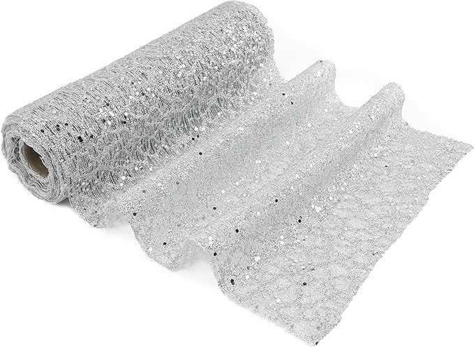 MEEDEE Silver Glitter Mesh Web Ribbon 10 Inch Wide by 10 Yards Roll Fabric Ribbon Silver Decorative Mesh Ribbon for Christmas Tree, Garland, Holiday Wreaths, Bows, Home Decor