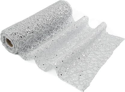 MEEDEE Silver Glitter Mesh Web Ribbon 10 Inch Wide by 10 Yards Roll Fabric Ribbon Silver Decorative Mesh Ribbon for Christmas Tree, Garland, Holiday Wreaths, Bows, Home Decor