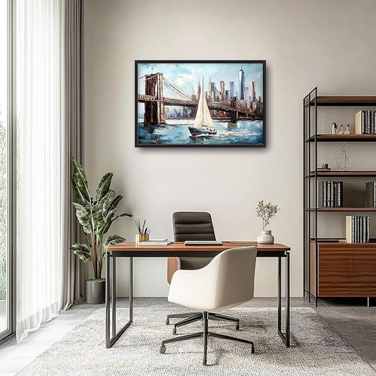Extra Large Sailboat Framed Wall Art for Living Room,Oversized New York Brooklyn Bridge Pictures Wall Decor,Cityscape Canvas Print Painting Modern Artwork Bedroom Office Bathroom 36L x 24W