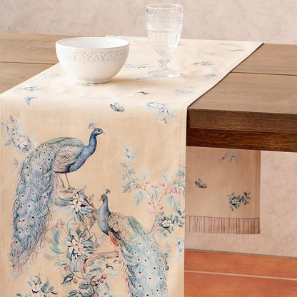 Maison d' Hermine Tablerunners 100% Combed Cotton Premium Table Runner Decorative Table Cover, Home, Kitchen & Camping, Peacock Utopia - Sandy Beach, Double Layer - (14.5"x72")