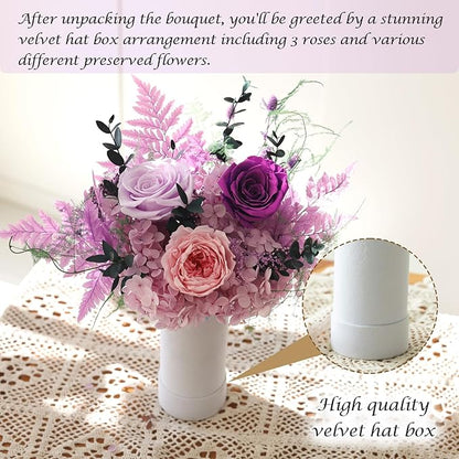Preserved Roses Bouquets,Flowers for Delivery, Eteranl Purple Rose Bouquets Long-Lasting Real Flowers,Birthday Flowers Gifts for Mom Women Friends, Mothers Day for Grandma Wife Her(Purple)