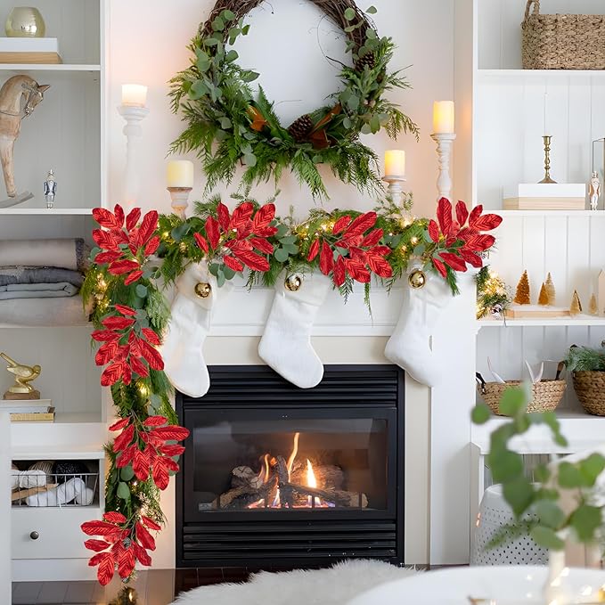 3pcs 31 inch Red Glitter Magnolia Leaf Sprays Artificial Christmas Tree Picks Sprays, Glittery Stem Ornaments for Christmas Tree Winter Wreath Swag Wedding Bouquet Centerpiece
