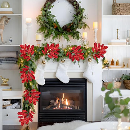 3pcs 31 inch Red Glitter Magnolia Leaf Sprays Artificial Christmas Tree Picks Sprays, Glittery Stem Ornaments for Christmas Tree Winter Wreath Swag Wedding Bouquet Centerpiece