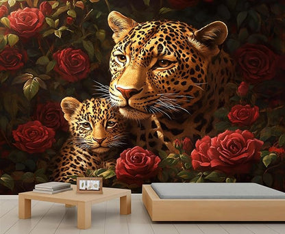 Jungle Rose Leopard Wall Mural, Big Cat Floral 3D Wall Murals, Wild Animal Leopard Wallpaper Mural, for Living Room Bedroom Large Wallpaper Indoor Decor 169.3" W x118.2 H