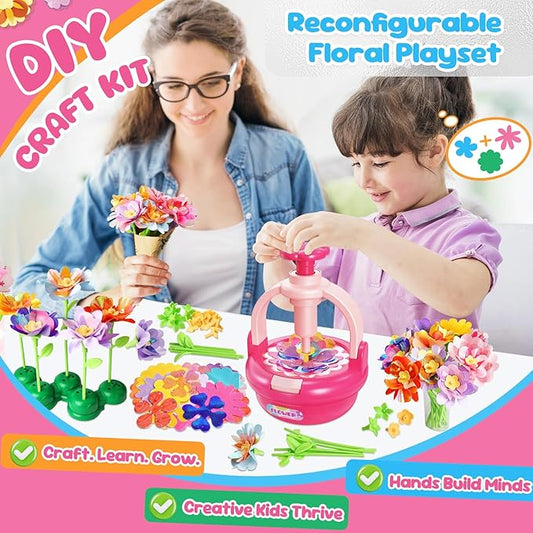Einailvk Fabric Flower Bouquets Toys, DIY Flower Making Kit for Kids 3 4 5 6 7 8 9 10 11 12 Year Old Girl Birthday Christmas Gift, Art and Crafts Kit Toys for Girls 3-12 Year Old (Pink)