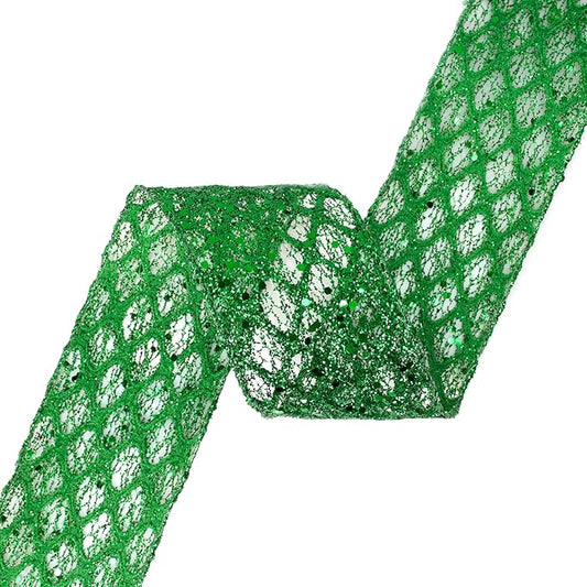 VATIN 2-1/2" Green Christmas Ribbon, Green Glitter Mesh Diamond Web Sequin Dots Wired Christmas Ribbon for Gift Wrapping Bow Making Wreath Supply-10 Yards
