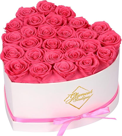 GLAMOUR BOUTIQUE Preserved Roses in a Box - Gifts for Her, Wife & Mom, Rose Flowers Forever Decor for Birthday Gift, Get Well Flower Bouquet Cased in White Box with Cover - Pink - 27-Piece