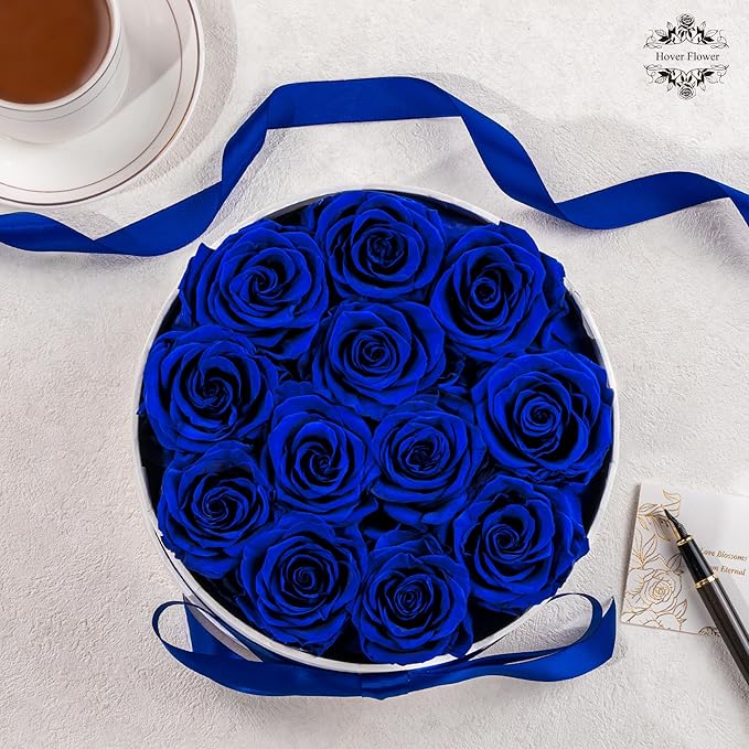 Preserved Roses in a Box, Blooming Real Roses Decor, Eternal Flowers for Delivery Prime, Best Gifts Birthday, Wedding, Anniversary, Mother's Day for Her, 12-Pieces (Blue)