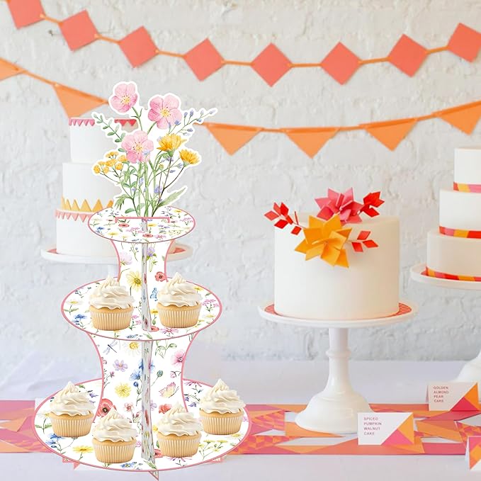 Wildflower Cupcake Stand Spring Wildflower Birthday Party Decorations Wildflower Cupcake Holder 3 Tiers Floral Dessert Towers for Flower Theme Baby Shower Supplies