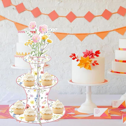 Wildflower Cupcake Stand Spring Wildflower Birthday Party Decorations Wildflower Cupcake Holder 3 Tiers Floral Dessert Towers for Flower Theme Baby Shower Supplies