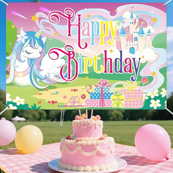 Unicorn Birthday Backdrop Banner, 150x100cm/59x39.37 Inch Happy Birthday Cartoon Theme Decoration Rainbow Unicorn Background Banner Photo Props for Party Girl Kid