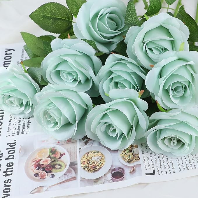12pcs Roses Artificial Flowers Real Touch Fake Flowers with Long Stems Silk Flowers for Wedding Bouquet Centerpices Decorations Party Bridal Baby Shower Home Decor (Sage Green)