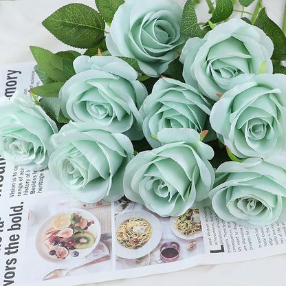 12pcs Roses Artificial Flowers Real Touch Fake Flowers with Long Stems Silk Flowers for Wedding Bouquet Centerpices Decorations Party Bridal Baby Shower Home Decor (Sage Green)