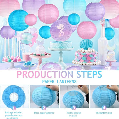 Paper Lanterns Decorative, Gradient Blue Purple Pink Round Hanging Paper Lantern Decorations for Under The Sea Theme Birthday Party, Wedding, Baby Shower, Home Decor, 15Pcs