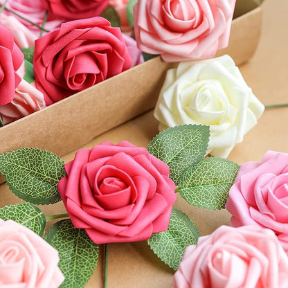 AmyHomie Artificial Flower Seriesa Red Rose 25pcs Real Looking Fake Roses w/Stem for DIY Wedding Bouquets Centerpieces Arrangements Party Baby Shower Valentines Day Christmas Tree Decorations