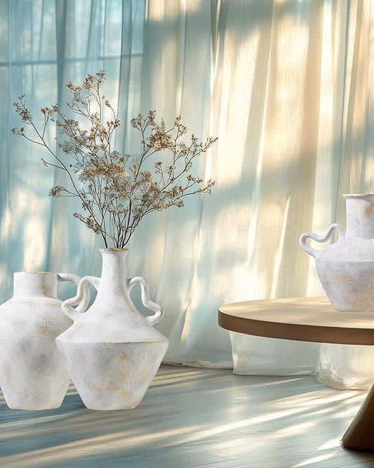 UPWOIGH 14 in Vintage-Inspired Distressed Ceramic Vase with Double Handles, White Handmade Look Flower Vase with Intentional Black Distressing, Modern Rustic Decorative Pottery for Living Room Table