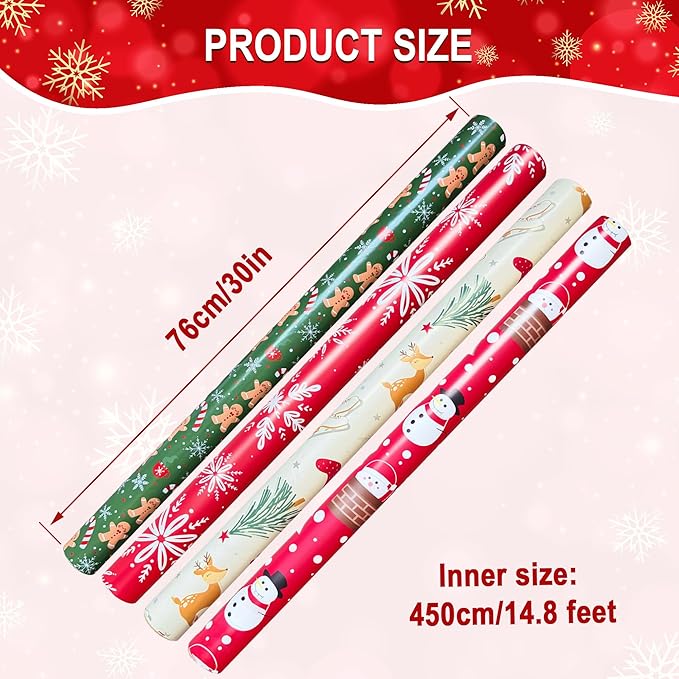 Christmas Wrapping Paper Set of 4 Rolls (148 sq. ft. ttl) With Colorful Holiday Patterns Santa Claus, Reindeer, Christmas Tree, Snowman, snowflakes for Gifts - 30 inches x 14.8 feet Per Roll