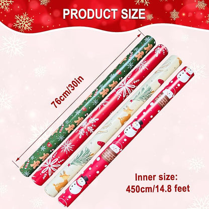 Christmas Wrapping Paper Set of 4 Rolls (148 sq. ft. ttl) With Colorful Holiday Patterns Santa Claus, Reindeer, Christmas Tree, Snowman, snowflakes for Gifts - 30 inches x 14.8 feet Per Roll