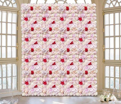 20 Pack Flowers Wall Panels Artificial Floral Wall Mat Handmade 3D Silk Rose Hydrangea Dahlia Floral Panels for Photo Background Home Party Wedding Backdrop Decoration, 24 x 16 inch (E)