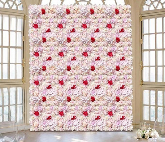 20 Pack Flowers Wall Panels Artificial Floral Wall Mat Handmade 3D Silk Rose Hydrangea Dahlia Floral Panels for Photo Background Home Party Wedding Backdrop Decoration, 24 x 16 inch (E)