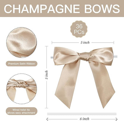Champagne Satin Ribbon Twist Tie Bows 5 Inch Pre-Tied Champagne Gold Gift Bows for Crafts, Treat Bags, Party Favors, Wedding, Baby Shower, Candy Apple, Christmas Tree (36 Pack)