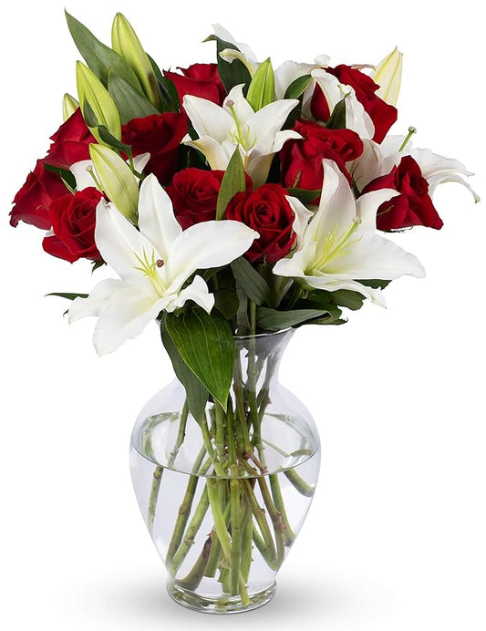 Benchmark Bouquets - Oriental Lilies & Red Roses (Glass Vase Included) - Fresh Flowers for Delivery - Gift for Graduation, Birthday, Anniversary, Sympathy, Get Well, Congratulations