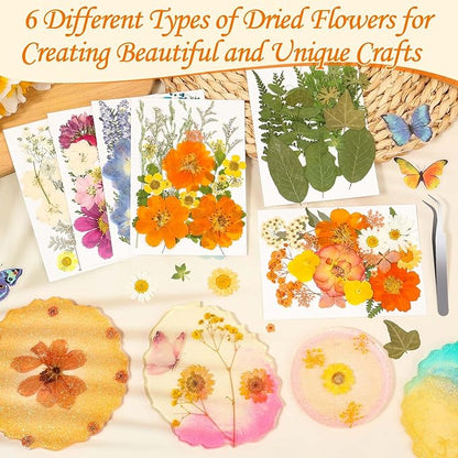 155Pcs Dried Pressed Flowers for Crafts, 6 Sheets Real Dry Florals and Leaves Bulk with Tweezer for Resin Molds Candle Soap Making Scrapbook Bookmarks Frames Supplies Kit Nail Art Makeup Decor