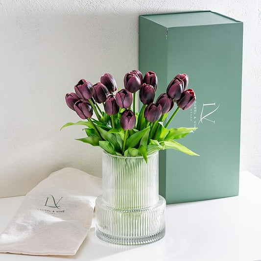 Purple Tulips with Vase Ribbed Glass Vase with 20 Realistic Artificial Flowers Gift Set. Fluted Clear Flower Vase and Fake Tulips Entryway Living Room Table Office Shelf Decor Faux Spring Decor
