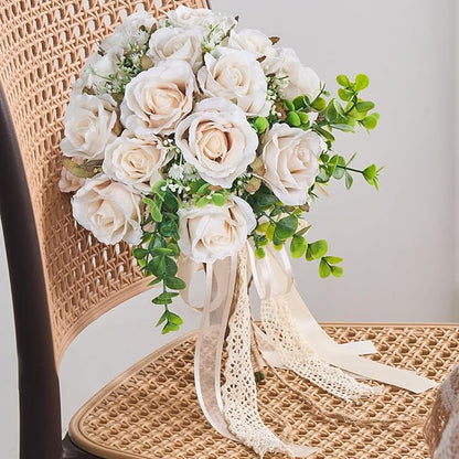 Wedding Bouquets Large for Bride, Wedding Silk Artificial Flowers 14pcs White Champagne Roses 10 in Fake Flowers for Wedding Party, Ceremony, Anniversary & Home Decor(Come with 4 kinds of Ribbons)
