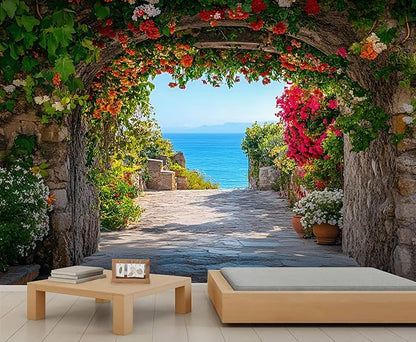 Mediterranean Arch Seaside Wall Mural, Flower Tunnel Ocean View 3D Wall Murals, Greek Island Style Wallpaper Mural, for Living Room Bedroom Large Wallpaper Indoor Decor 137.8" W x100 H