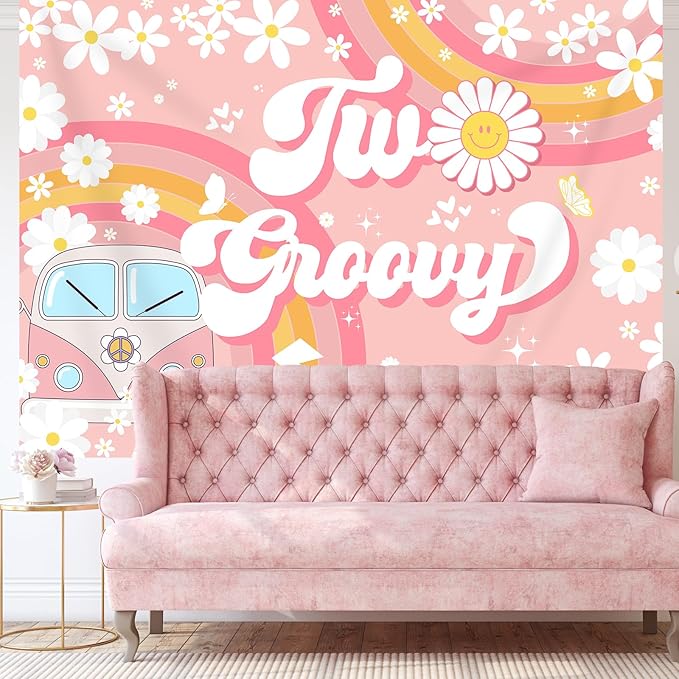 Two Groovy 2nd Birthday Backdrop for Girls Daisy Flower Boho Rainbow Photography Background Retro Hippie Peace Love Second Birthday Party Decorations Banner Supplies Photo Booth Props 7x5ft